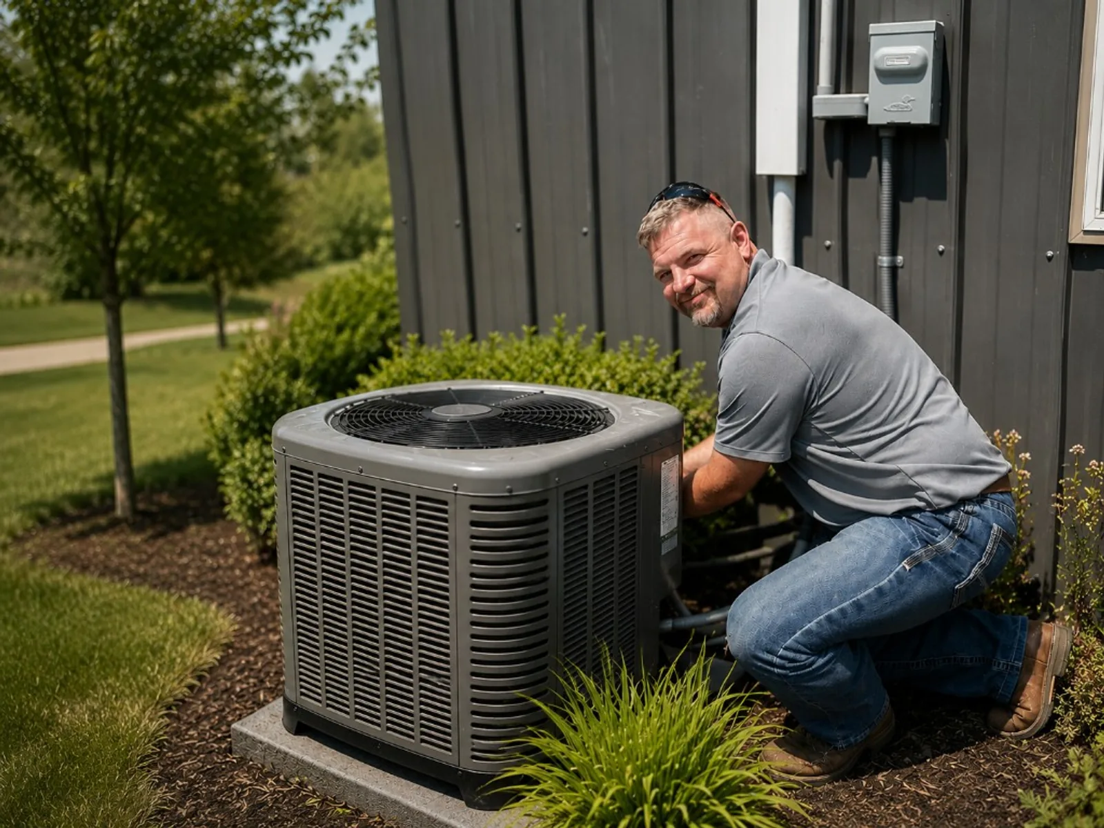 Unlimited Heating, Plumbing & Refrigeration technician performing an outdoor AC condenser service call in the Palouse