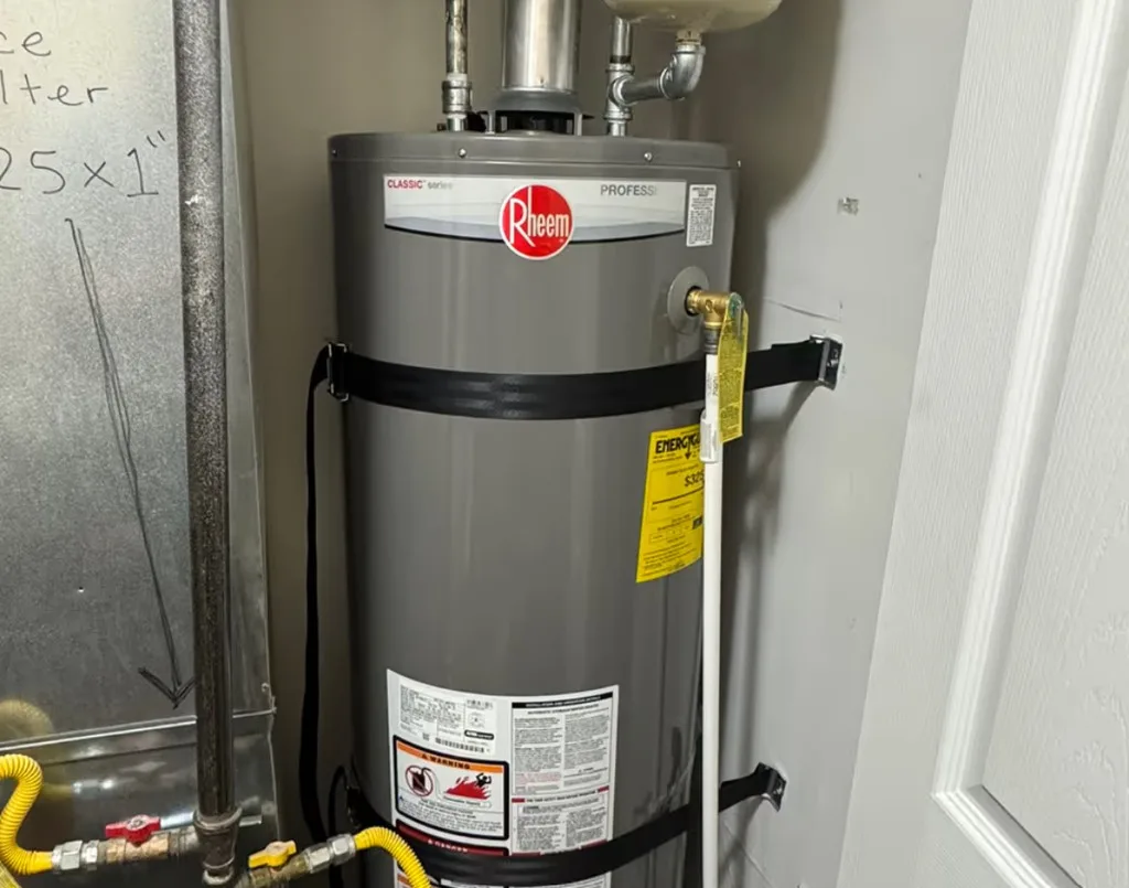Rheem Classic Professional gas water heater with earthquake strap kit, EnergyGuide, and clean gas connection